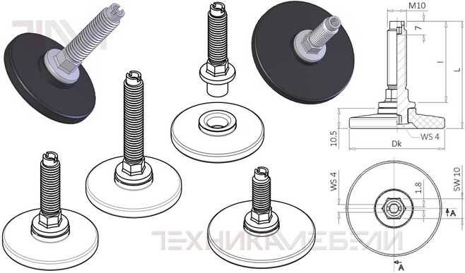 720G0  Опора регулируемая M10 с широким пластиковым подпятником, вн/ш 4